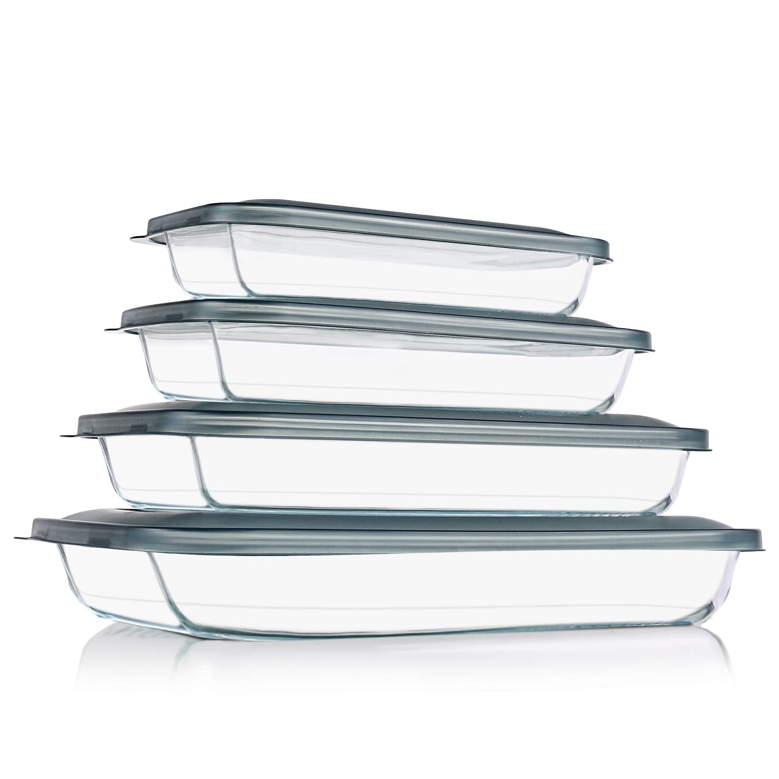 KOMUEE front view of the gray glass baking dish set showing complete kit and lids