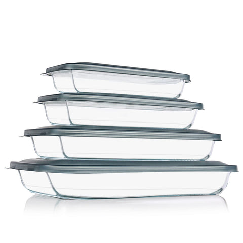 KOMUEE front view of the gray glass baking dish set showing complete kit and lids
