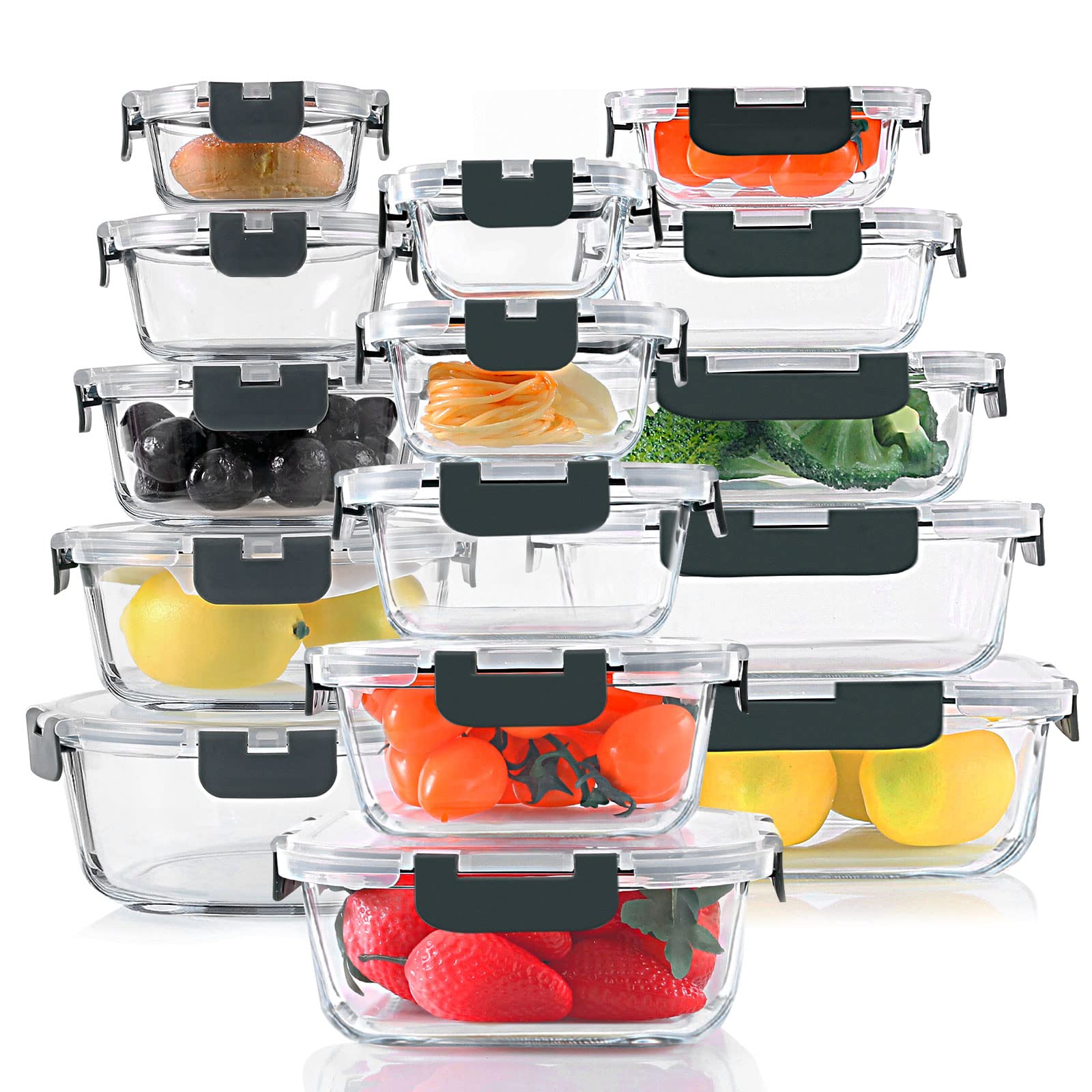 KOMUEE front view of full 30-piece set showing glass containers and gray lids for organized storage