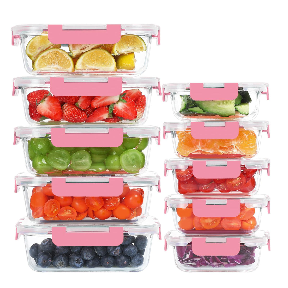 KOMUEE front view of 10-pack with pink lids showing contents clearly for meal prep