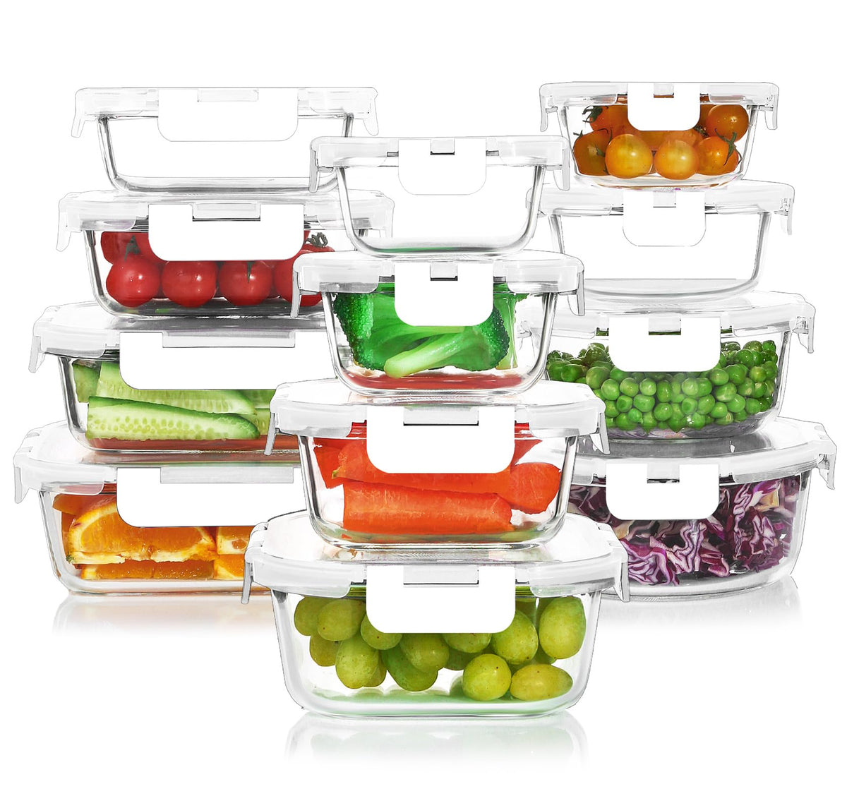 KOMUEE front packaging shot showing full 24-piece glass set with lids for organized storage