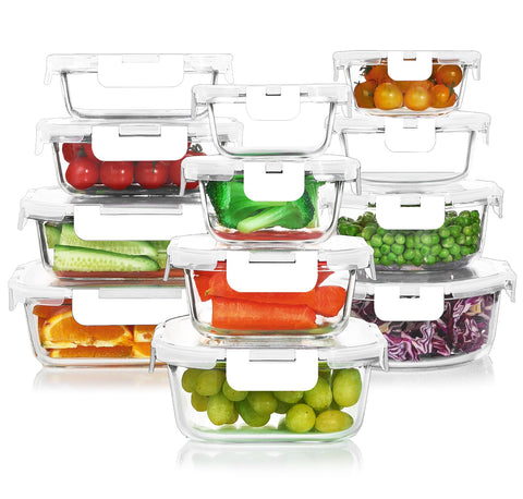 KOMUEE front packaging shot showing full 24-piece glass set with lids for organized storage