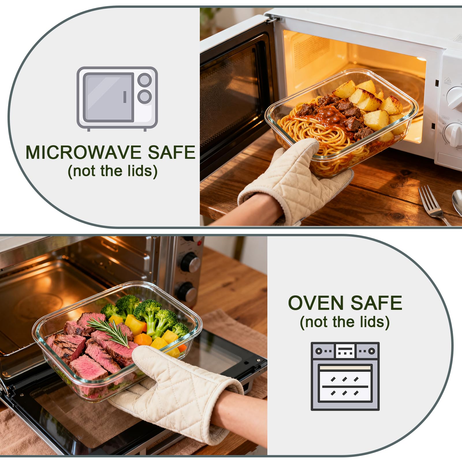 KOMUEE stackable kitchen fridge organization showing space-saving clear glass visibility