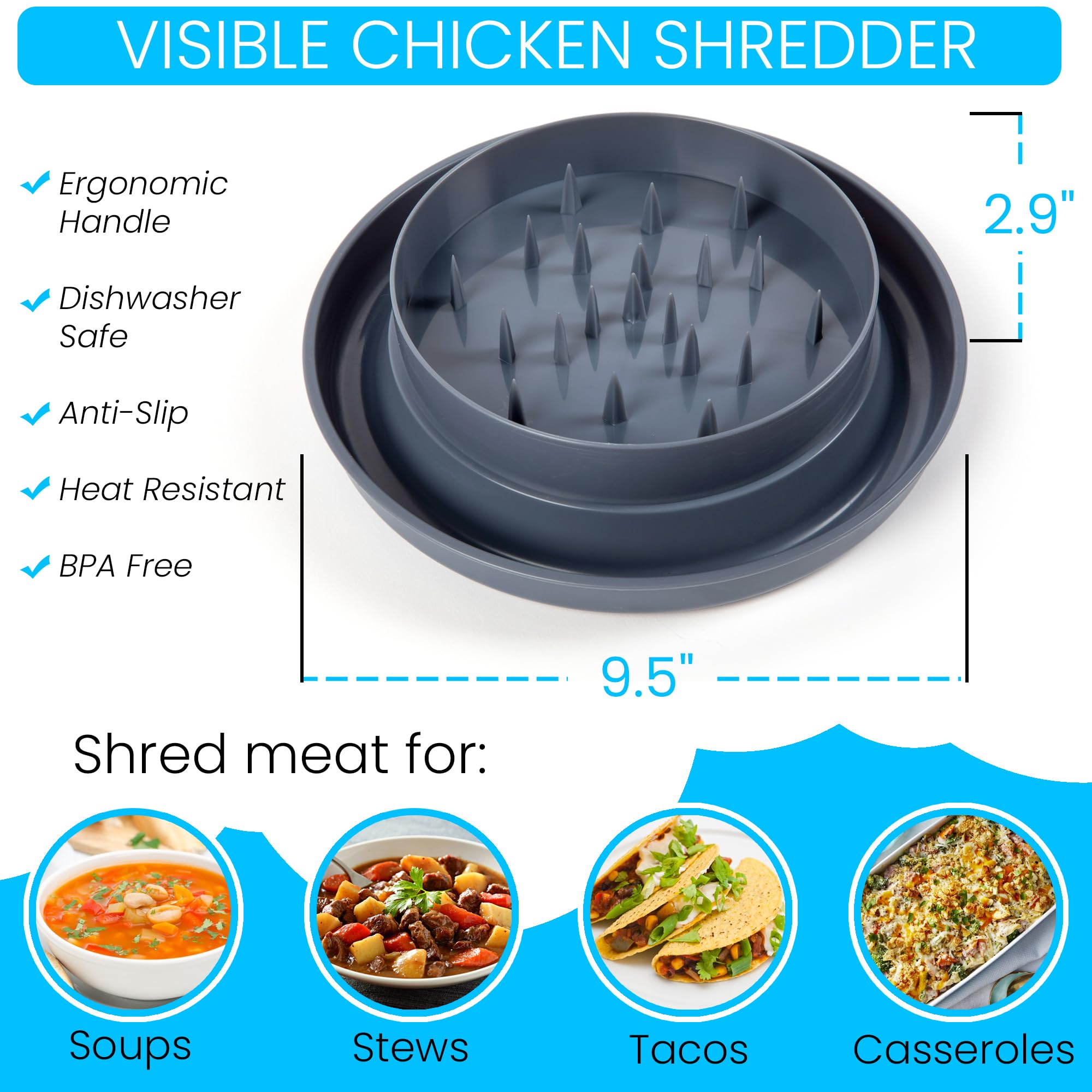 Konvivial Living tool shredding cooked chicken in a bowl, speeds meal prep