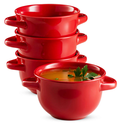 KooK front packaging showing four cherry red crocks and protective foam, durable set benefit