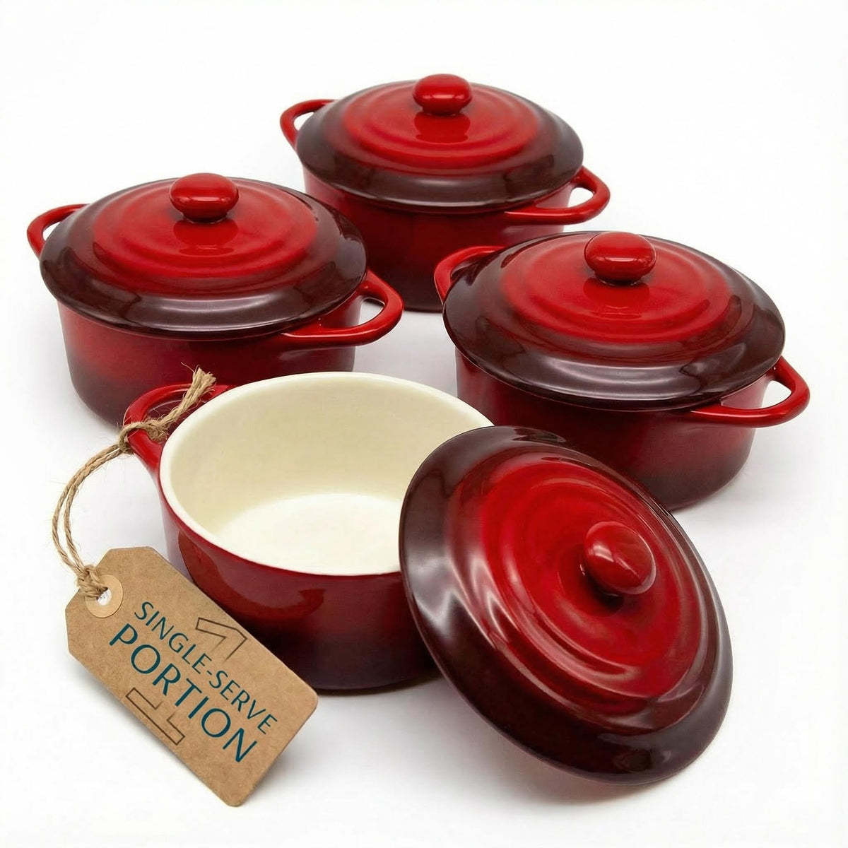 KooK crimson ombre front view showing set of four and vibrant finish benefit: attractive tableware
