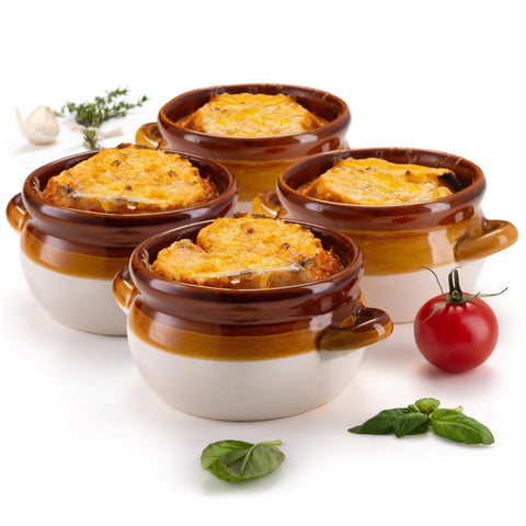 KooK front view of four ceramic crocks showing rustic finish and handles for attractive serving