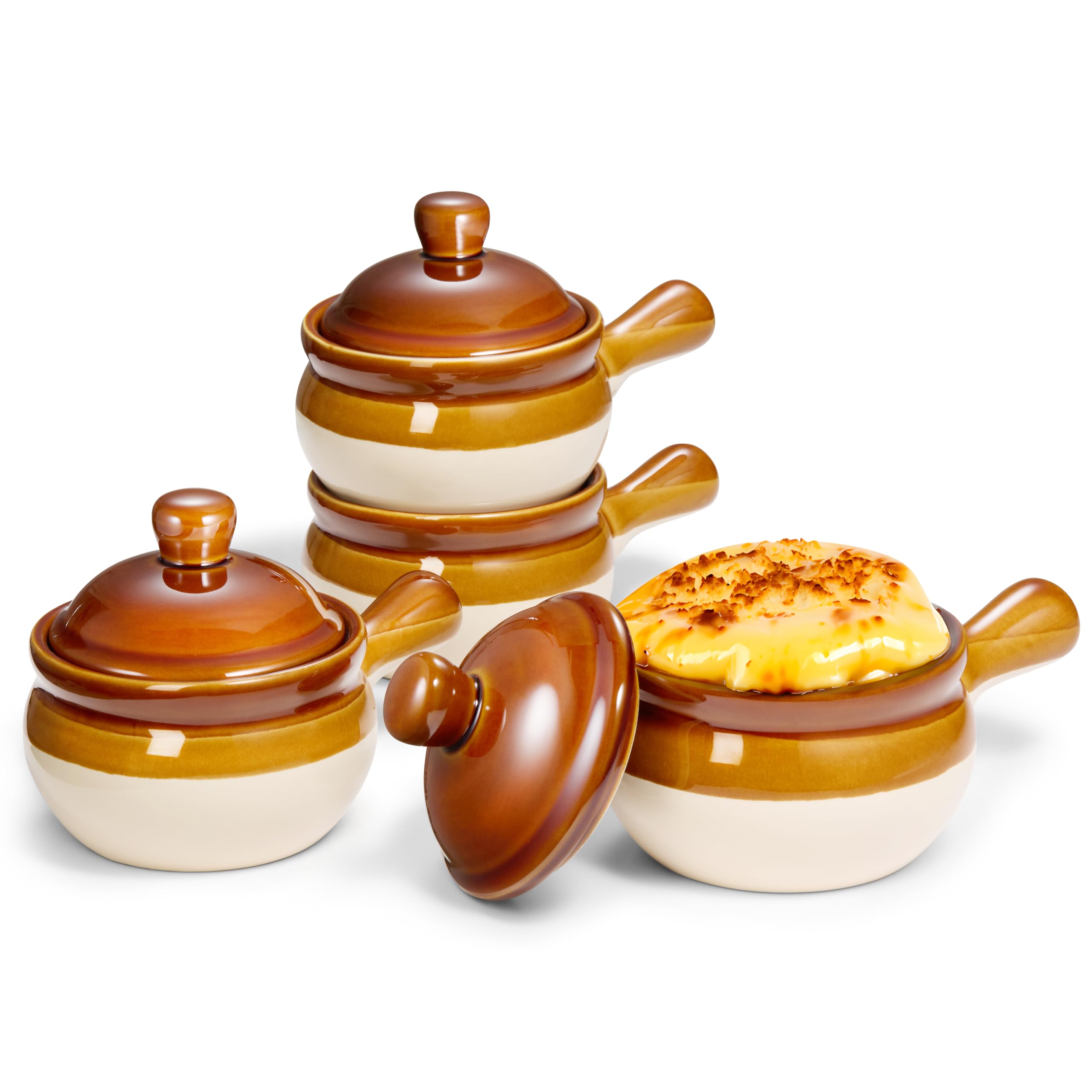KooK front view of four crocks showing rustic finish and lids for attractive serving