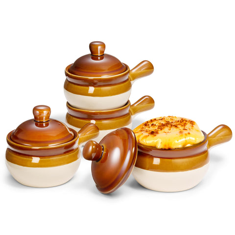 KooK front view of four crocks showing rustic finish and lids for attractive serving
