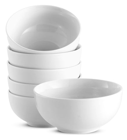 KooK front view of six marshmallow white bowls showing clean classic look and versatility