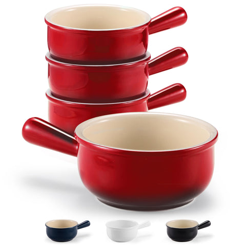 KooK front view of set of four red ombré crocks, attractive table presentation
