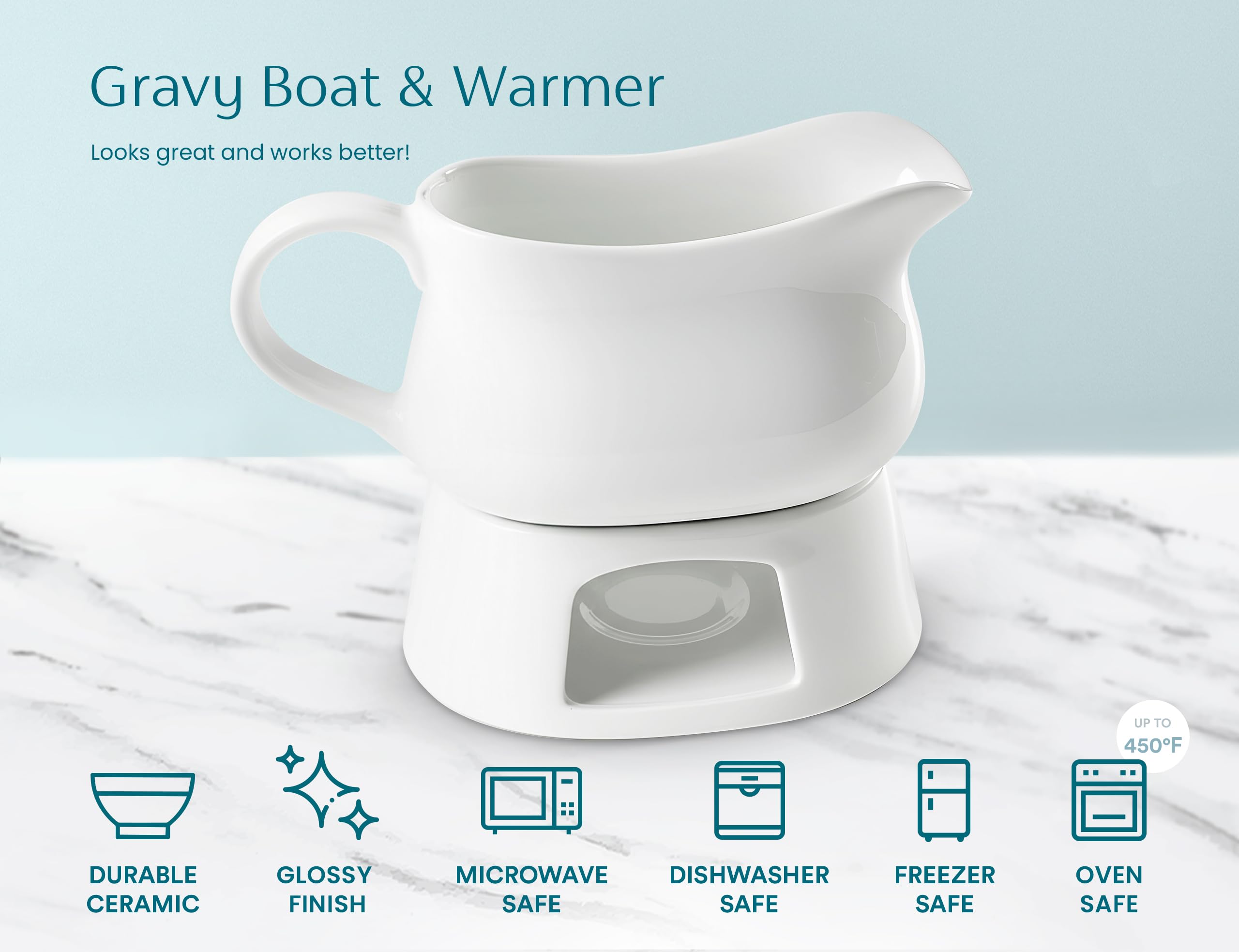 KooK 17 oz gravy boat next to measuring cup illustrating generous serving capacity