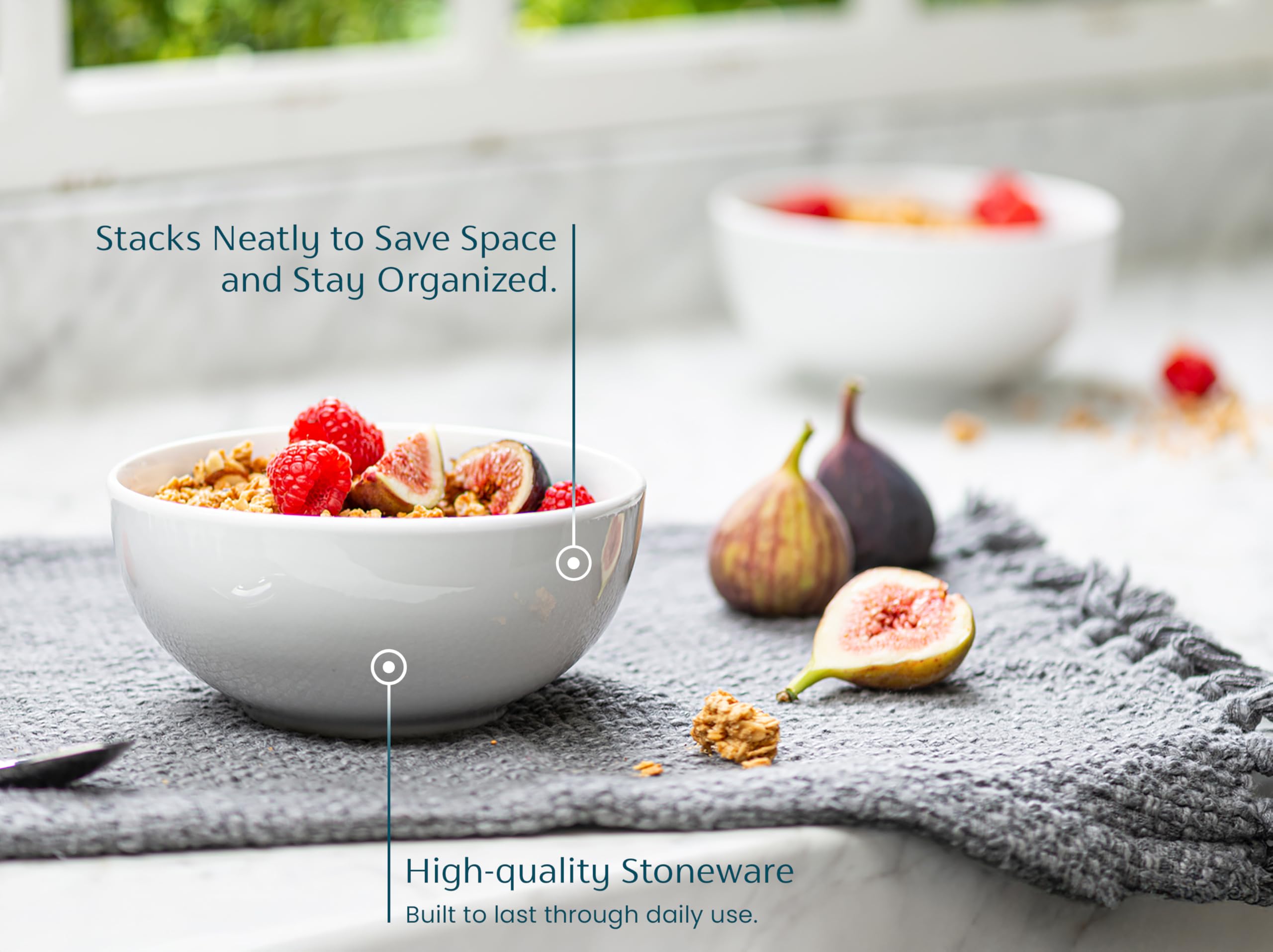 KooK bowl in use with hot soup and ladle showing microwave-safe reheating convenience