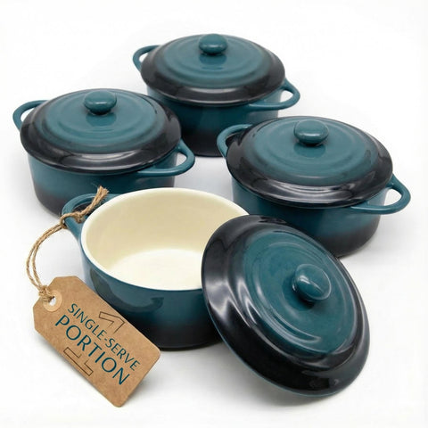 KooK mini cocotte front packaging showing set of four and durable stoneware benefits