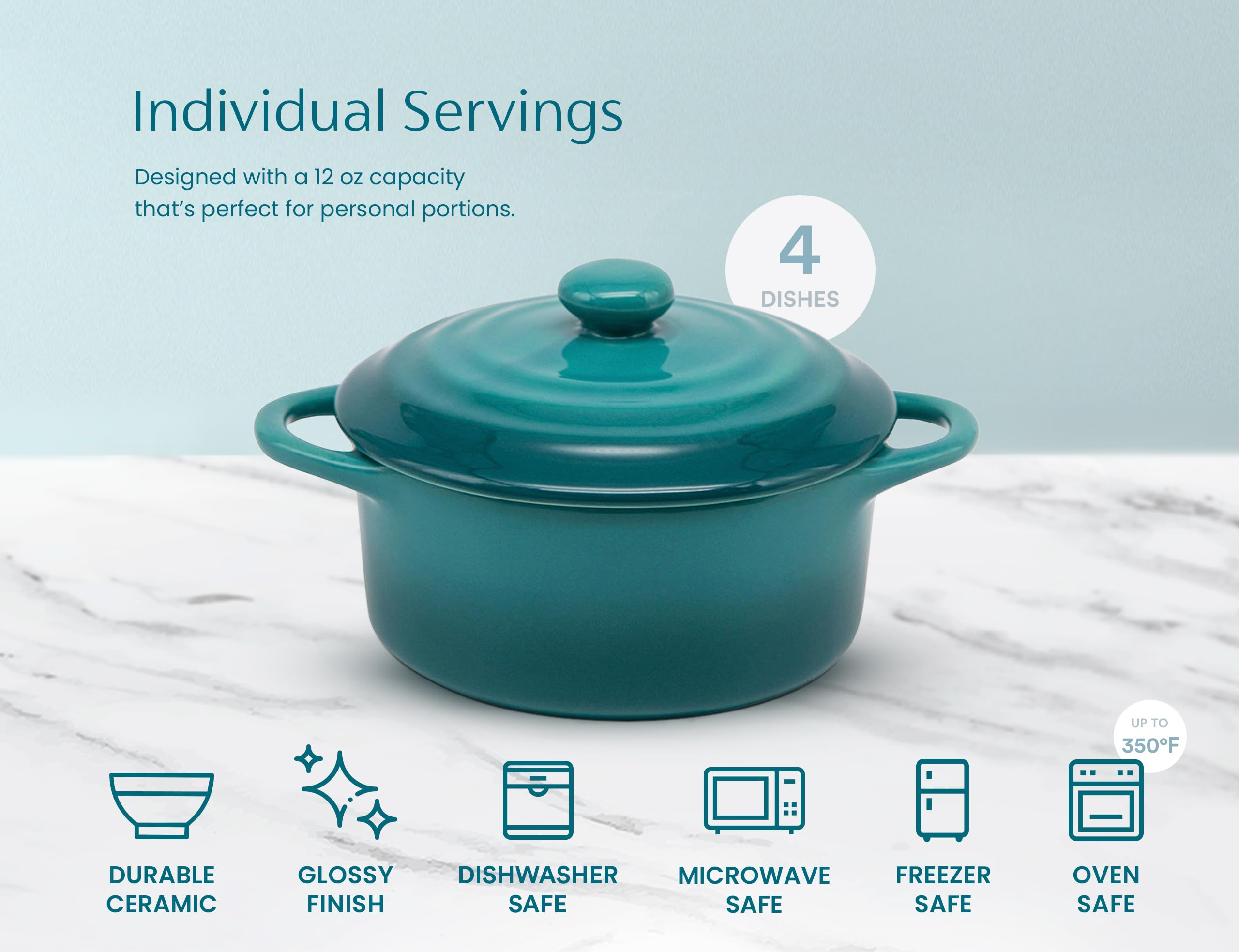 Kook cocotte next to spoon showing 12 oz scale for portion control benefit
