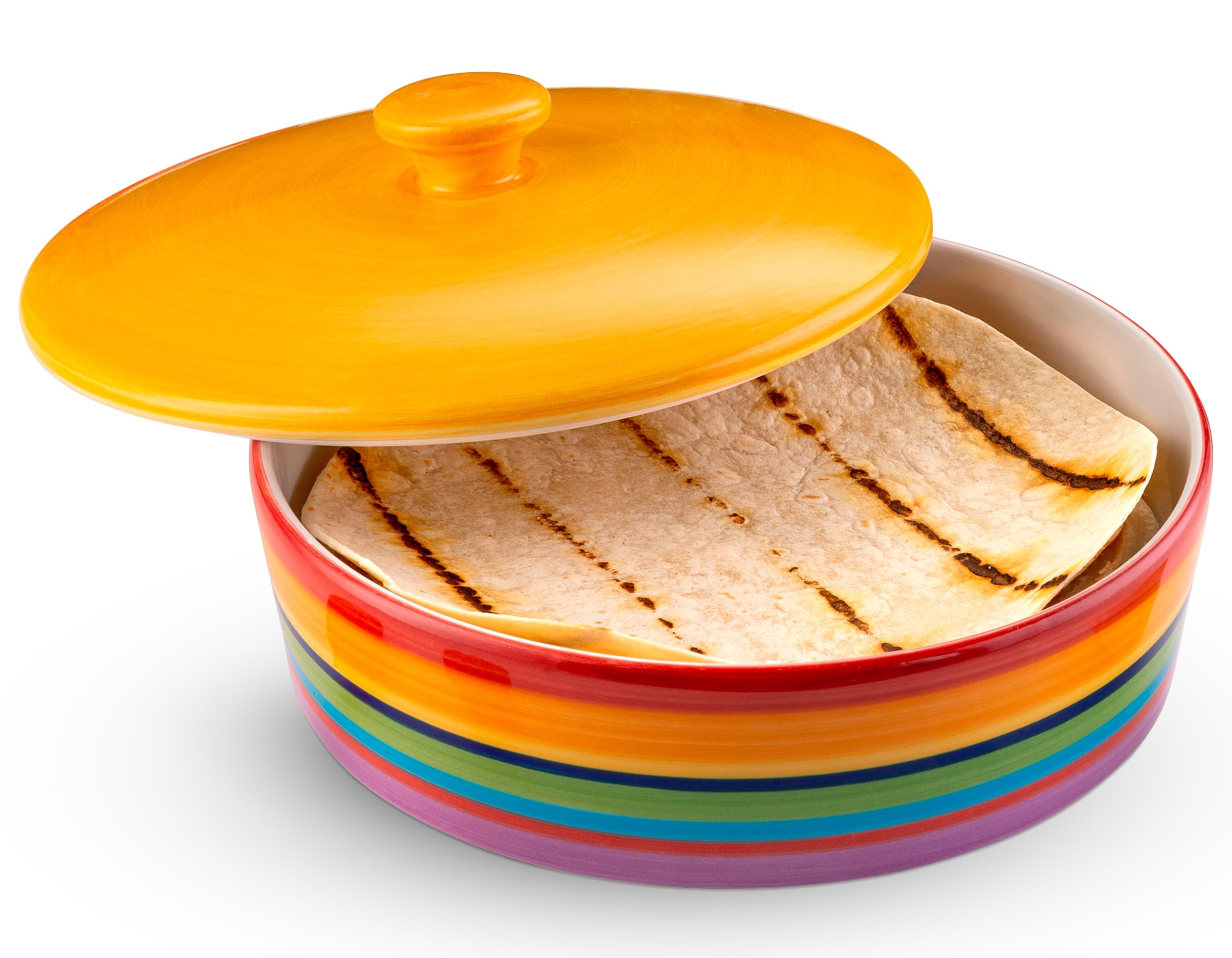 KooK Rainbow Fiesta front view showing colorful ceramic and lid, enhances table presentation