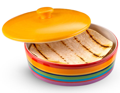 KooK Rainbow Fiesta front view showing colorful ceramic and lid, enhances table presentation