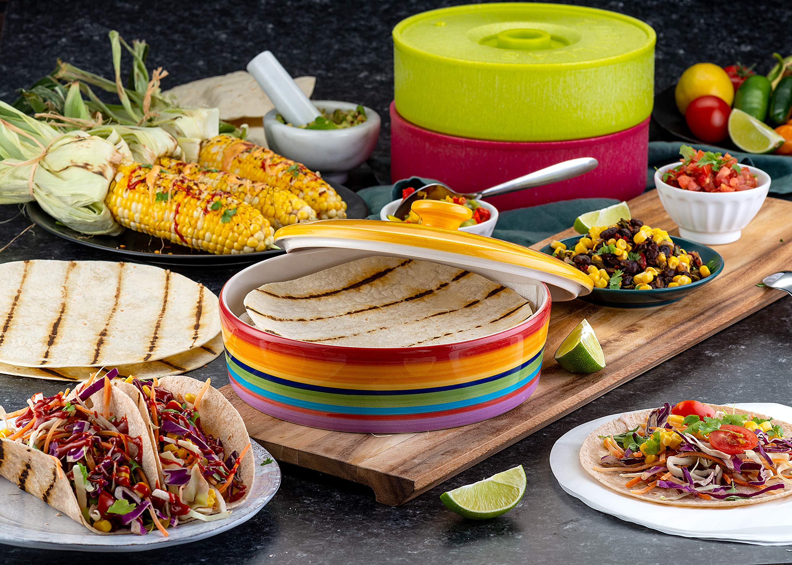 KooK Rainbow Fiesta interior with stacked tortillas, holds up to 12 for party serving