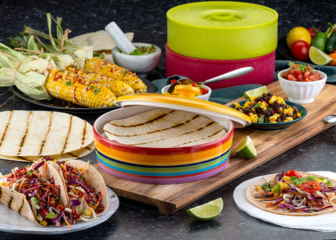 KooK Rainbow Fiesta interior with stacked tortillas, holds up to 12 for party serving
