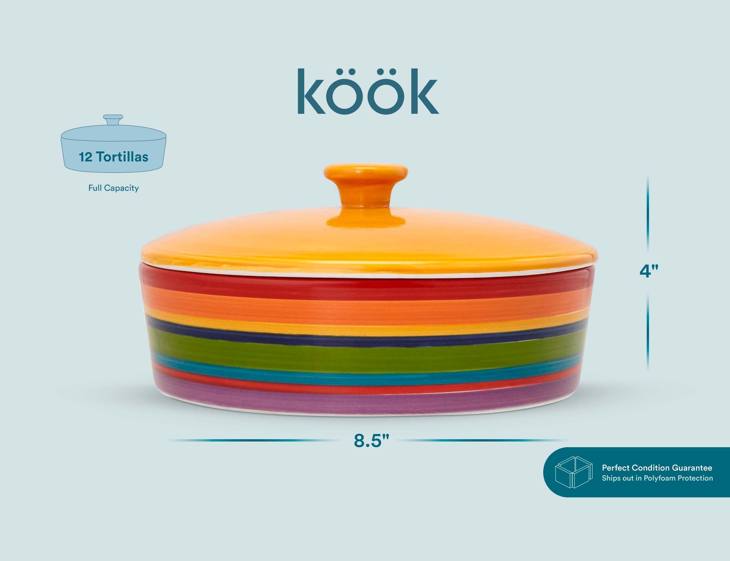 KooK Rainbow Fiesta on dining table with tacos, brightens gatherings and keeps food warm