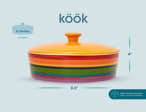 KooK Rainbow Fiesta on dining table with tacos, brightens gatherings and keeps food warm