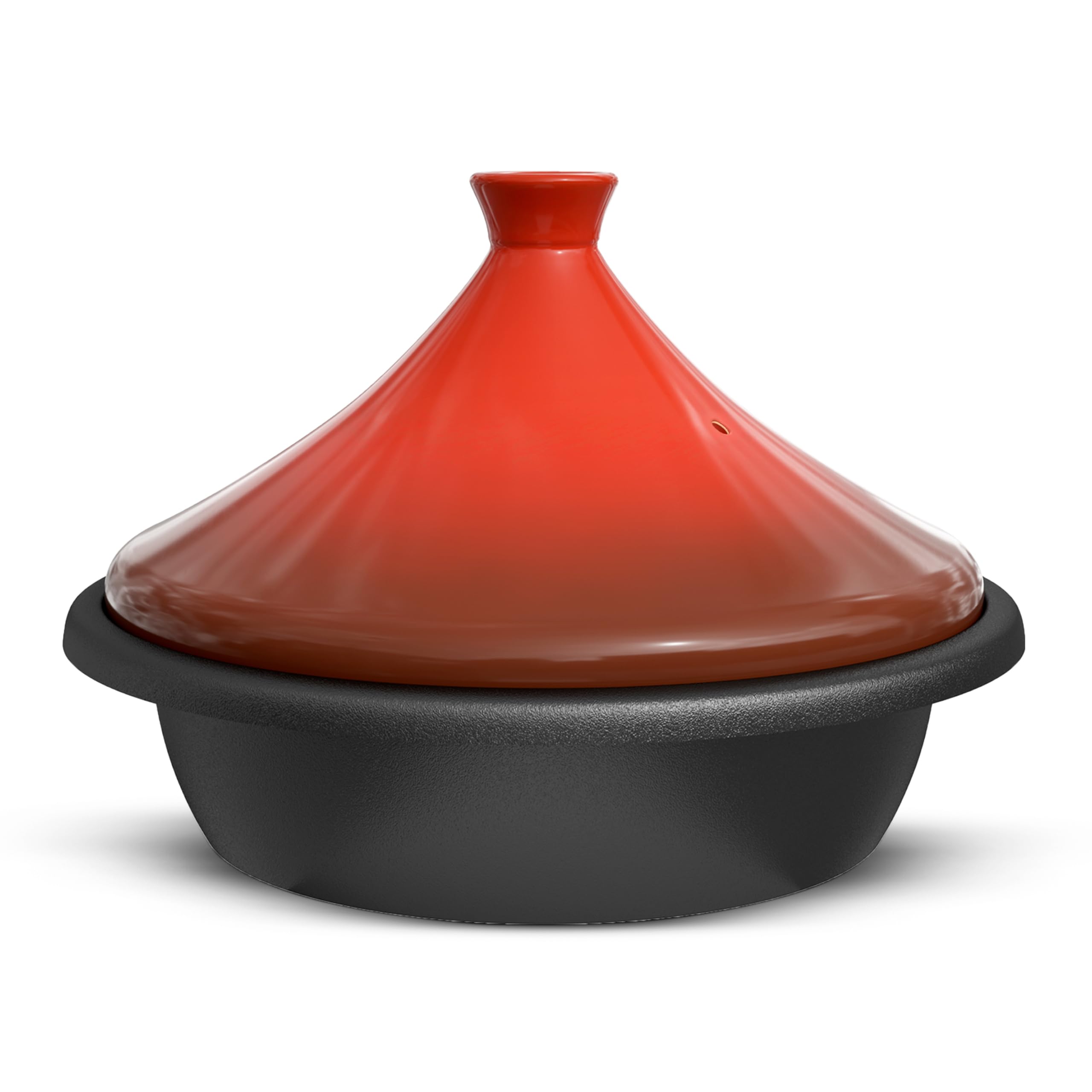 KooK tagine front view showing shape and glossy crimson finish for elegant serving