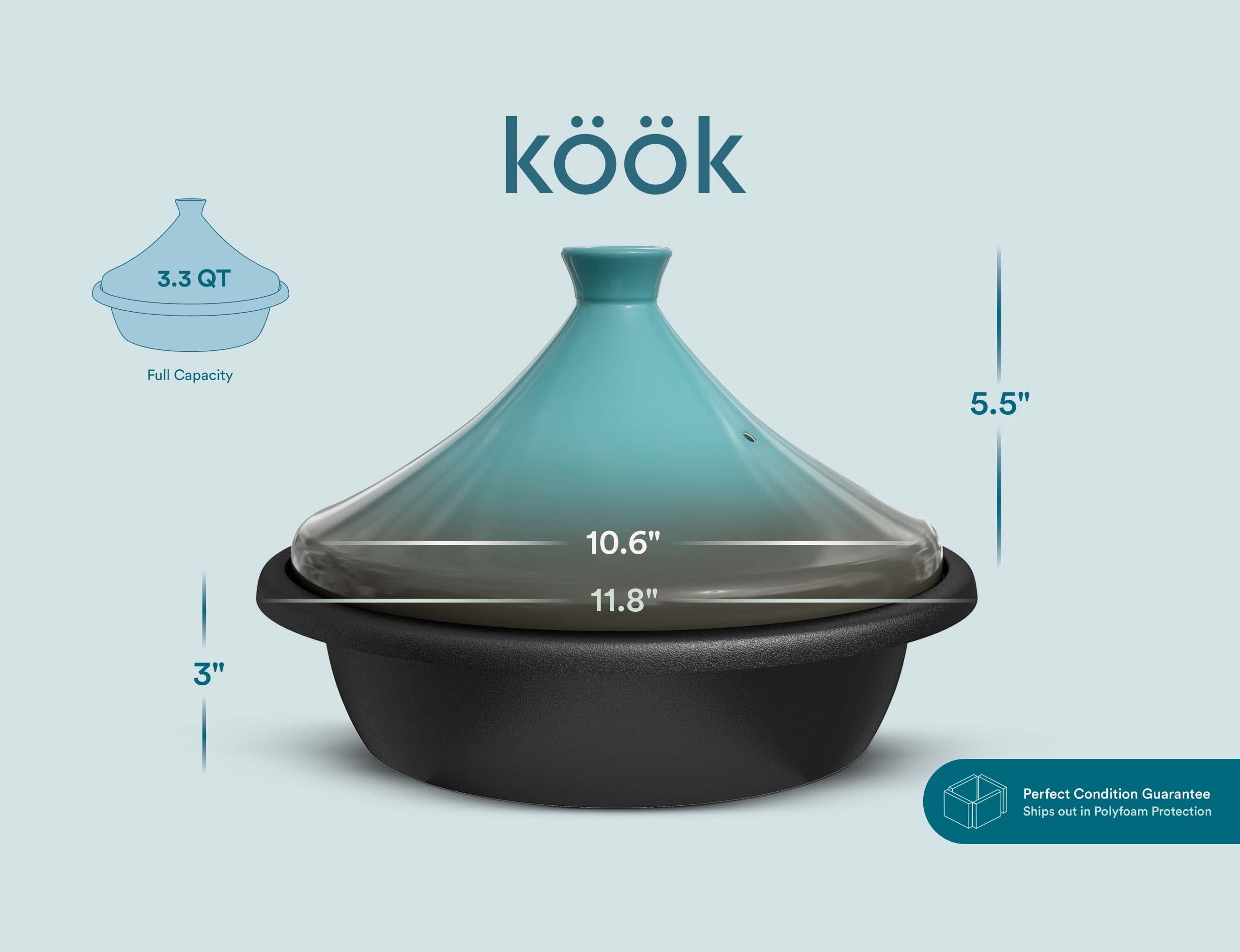 KooK tagine next to spoon for scale showing compact 3.3 qt capacity