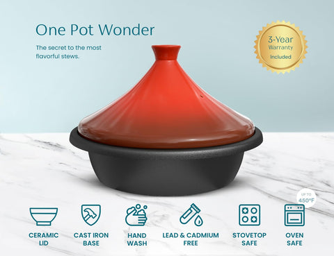 KooK tagine next to serving spoon showing 3.3 quart scale and portion size