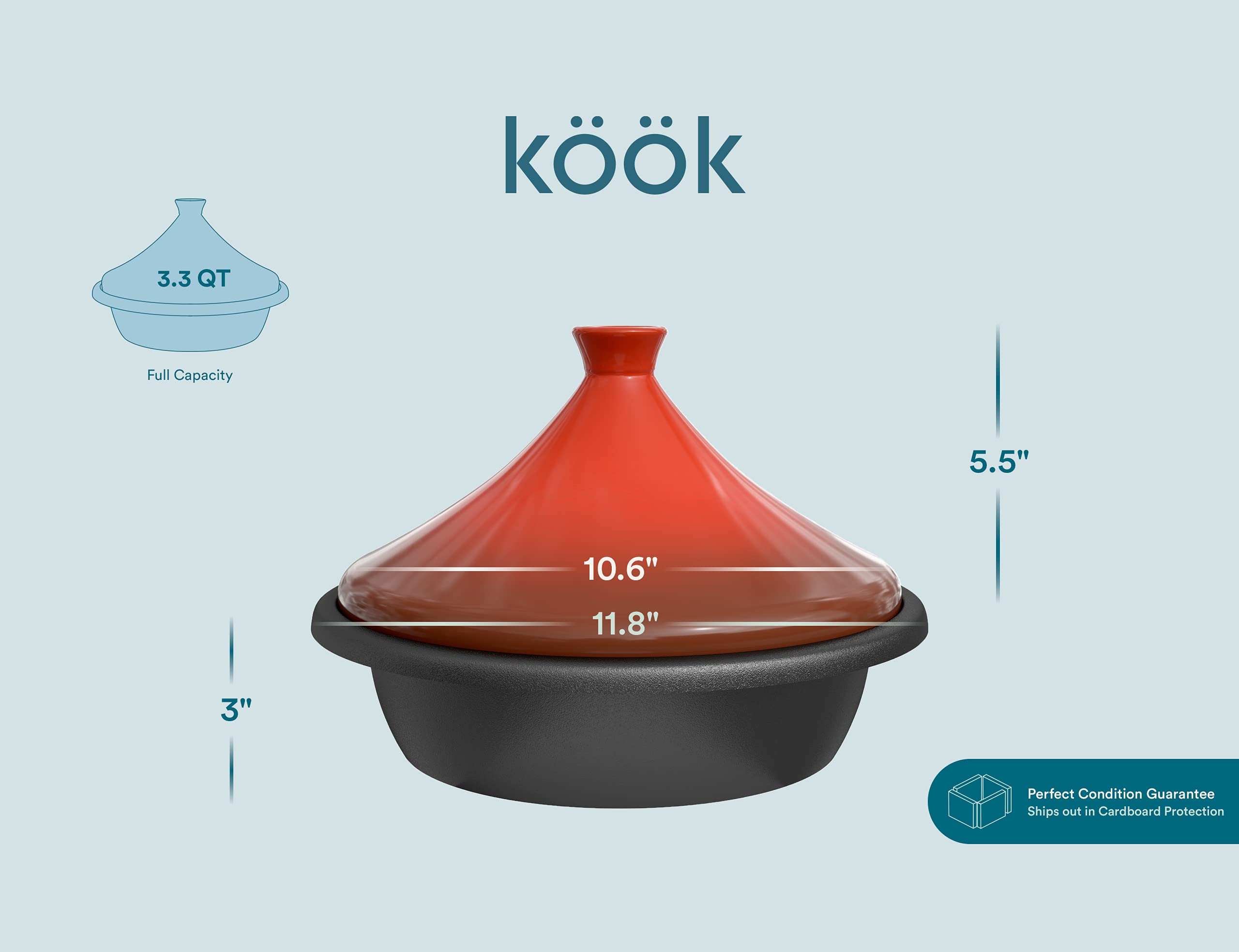 KooK tagine on tabletop with food inside illustrating serving and heat retention