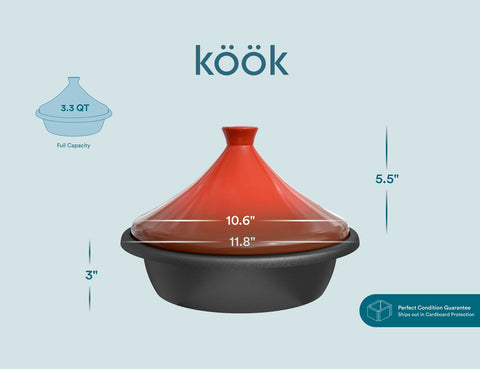 KooK tagine on tabletop with food inside illustrating serving and heat retention