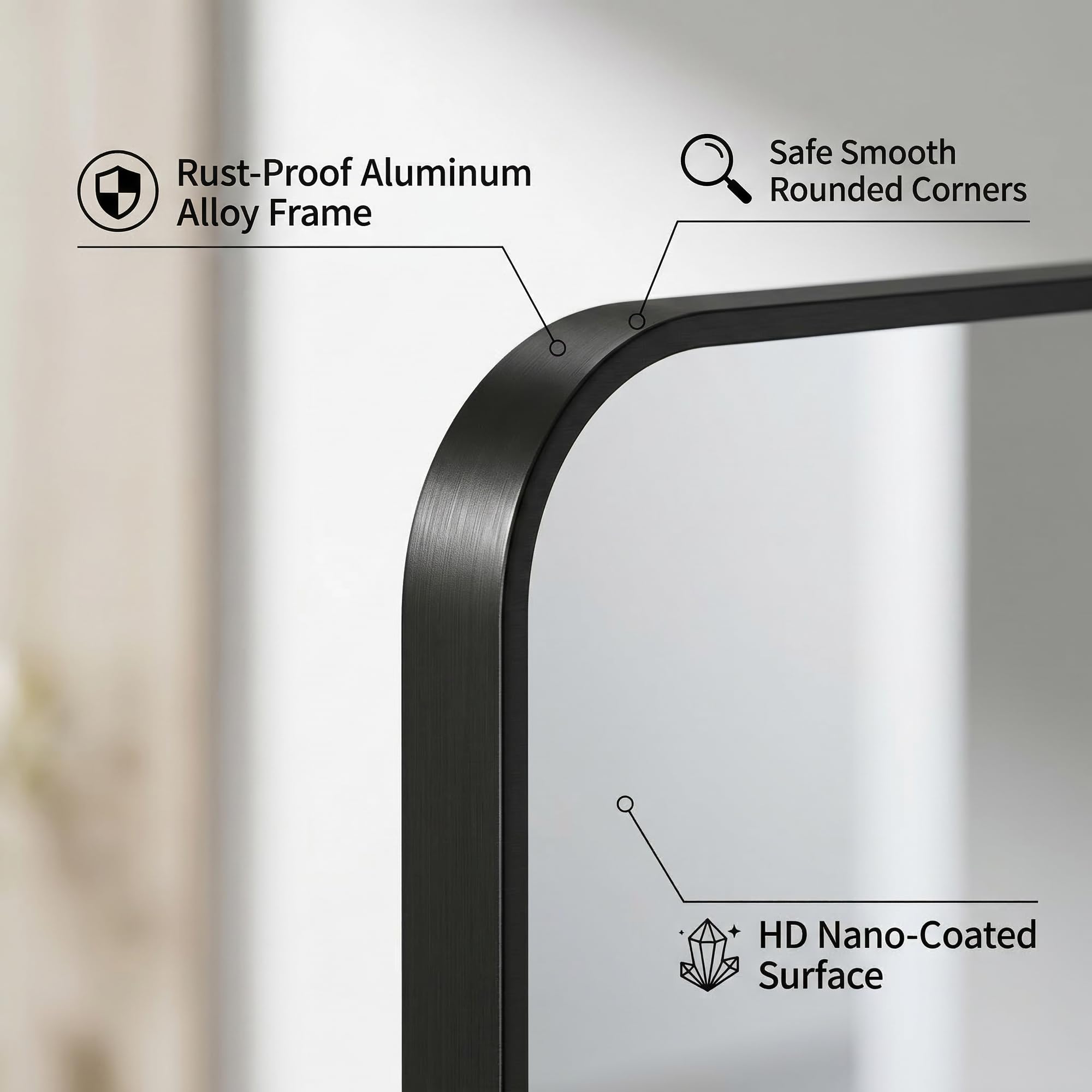 Koonmi close-up of tempered glass edge showing distortion-free reflection benefit