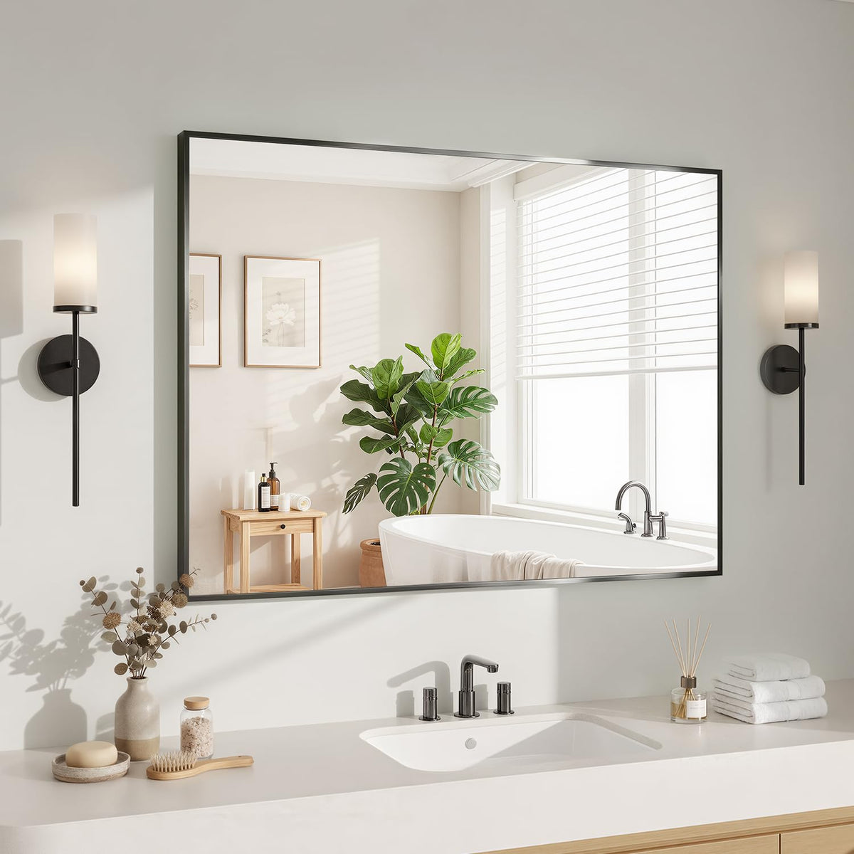 Koonmi front view of 30x40 black rectangular mirror for modern style