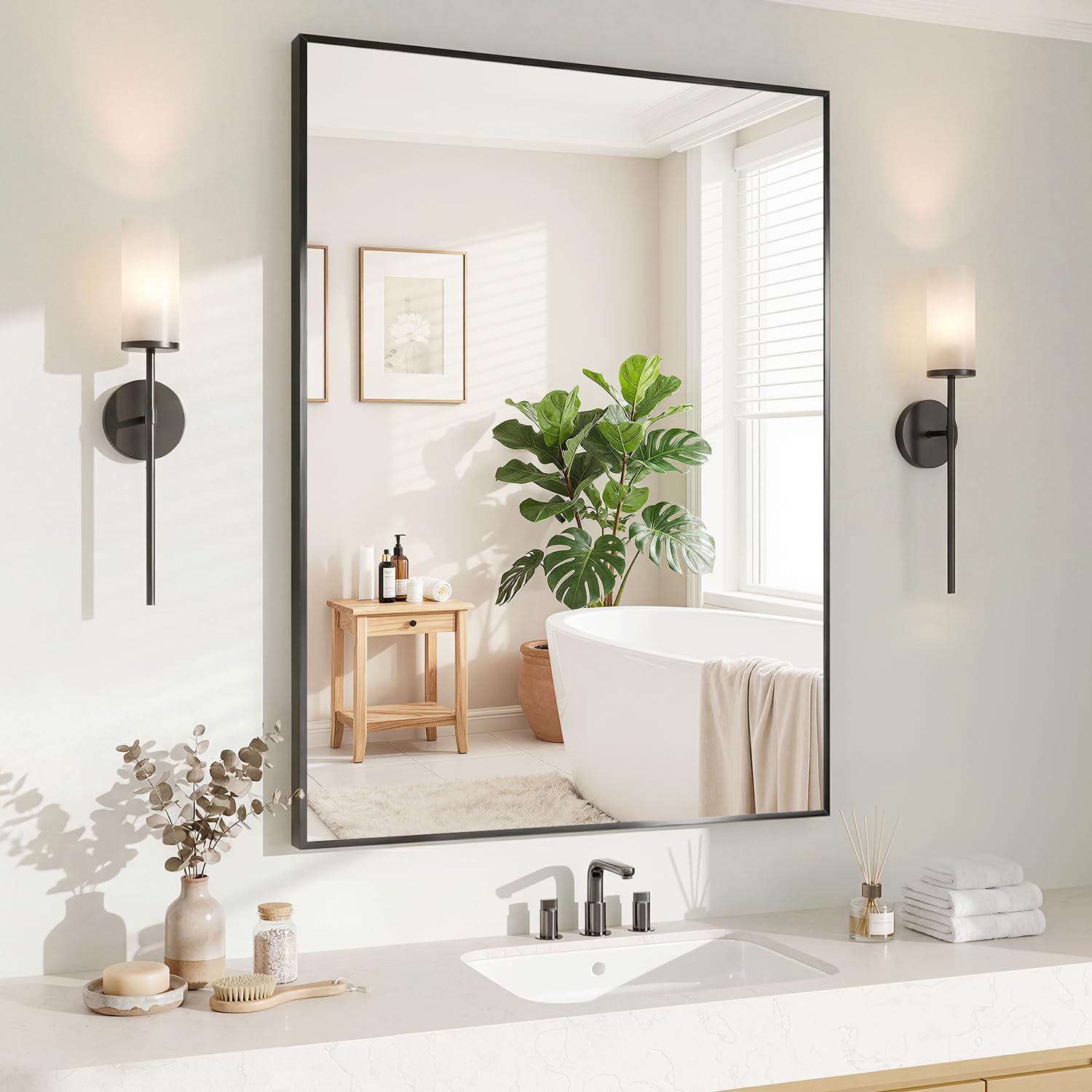 Koonmi front view mirror showing sleek black frame and clean reflection for modern decor