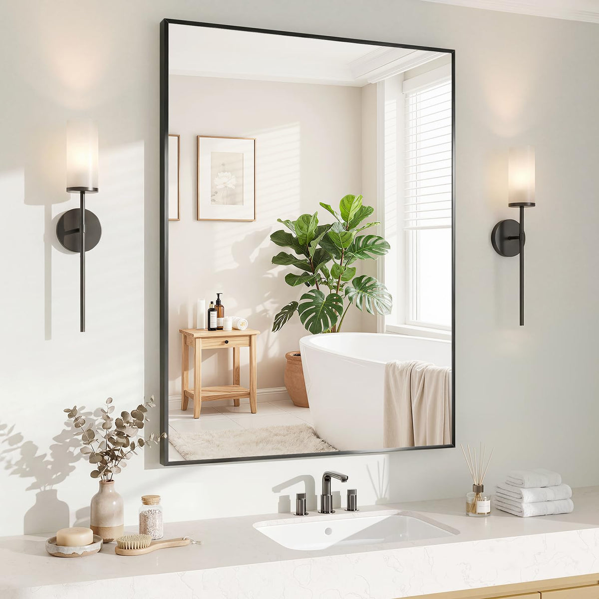 Koonmi front view mirror showing sleek black frame and clean reflection for modern decor