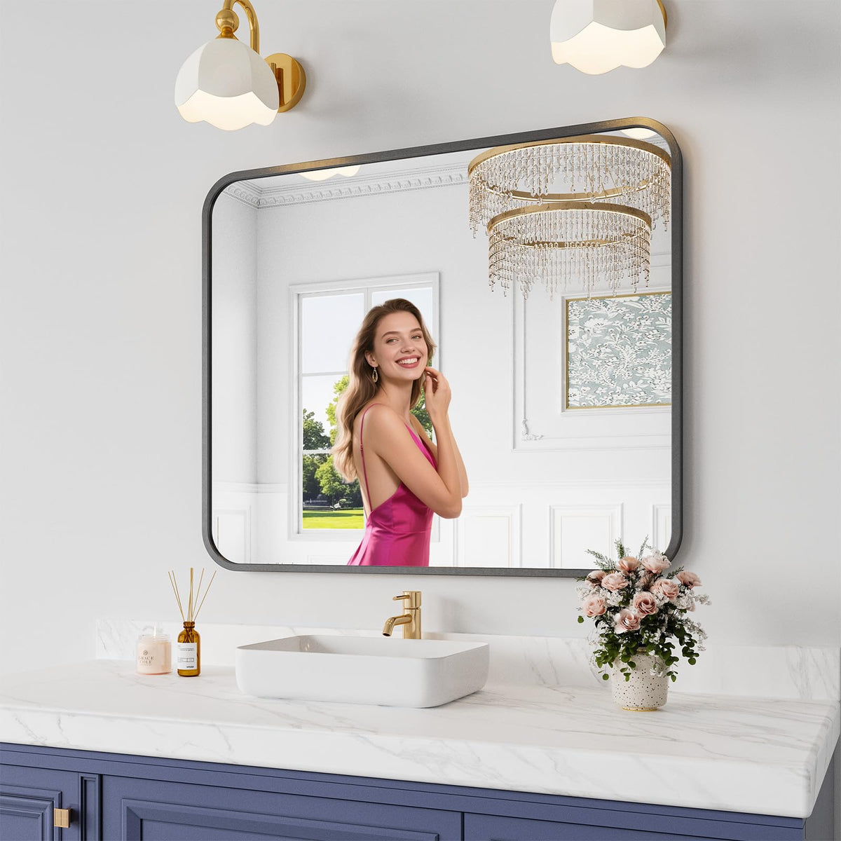 Koonmi front view of black framed mirror showing sleek silhouette and clarity