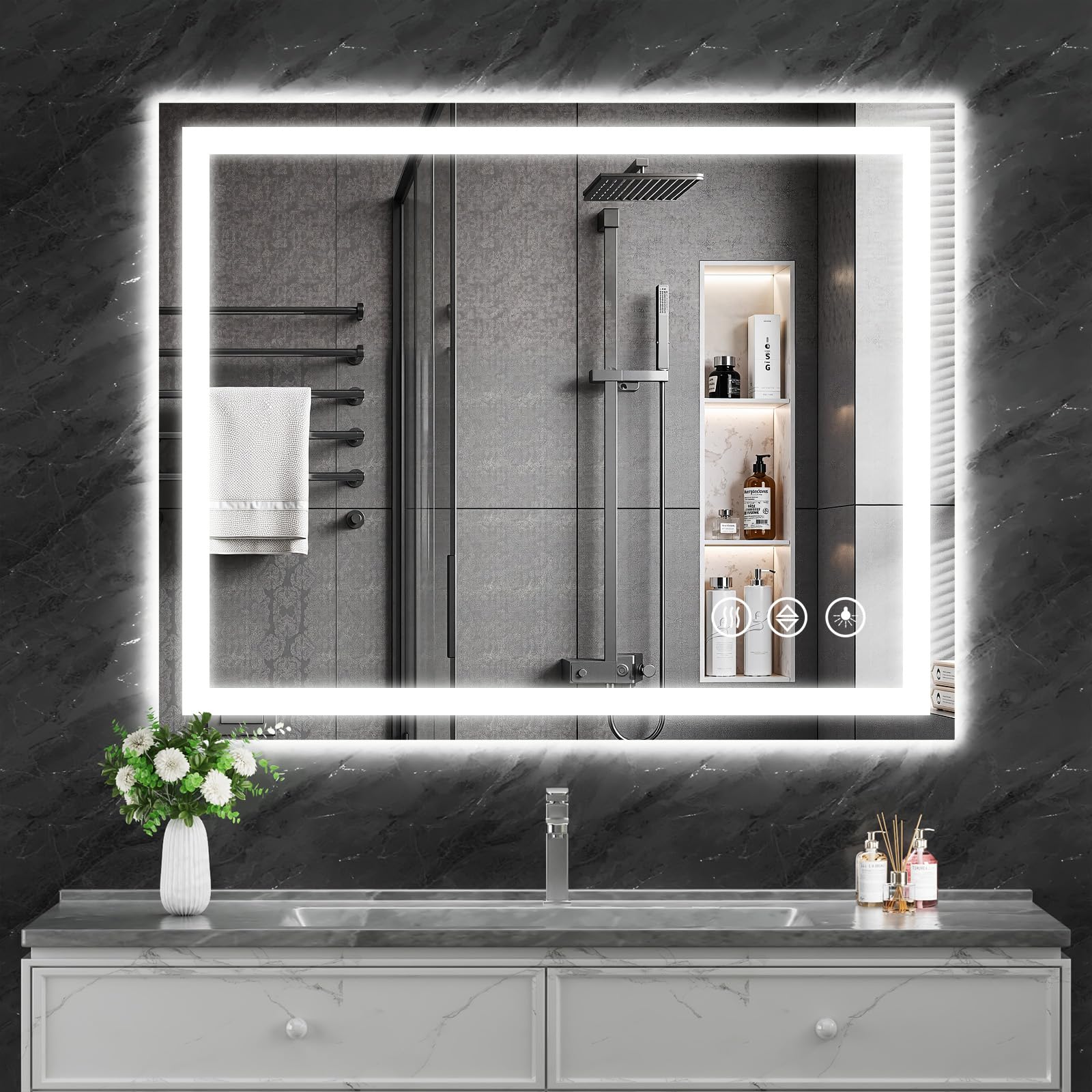 Koonmi front view LED mirror showing even illumination and modern style