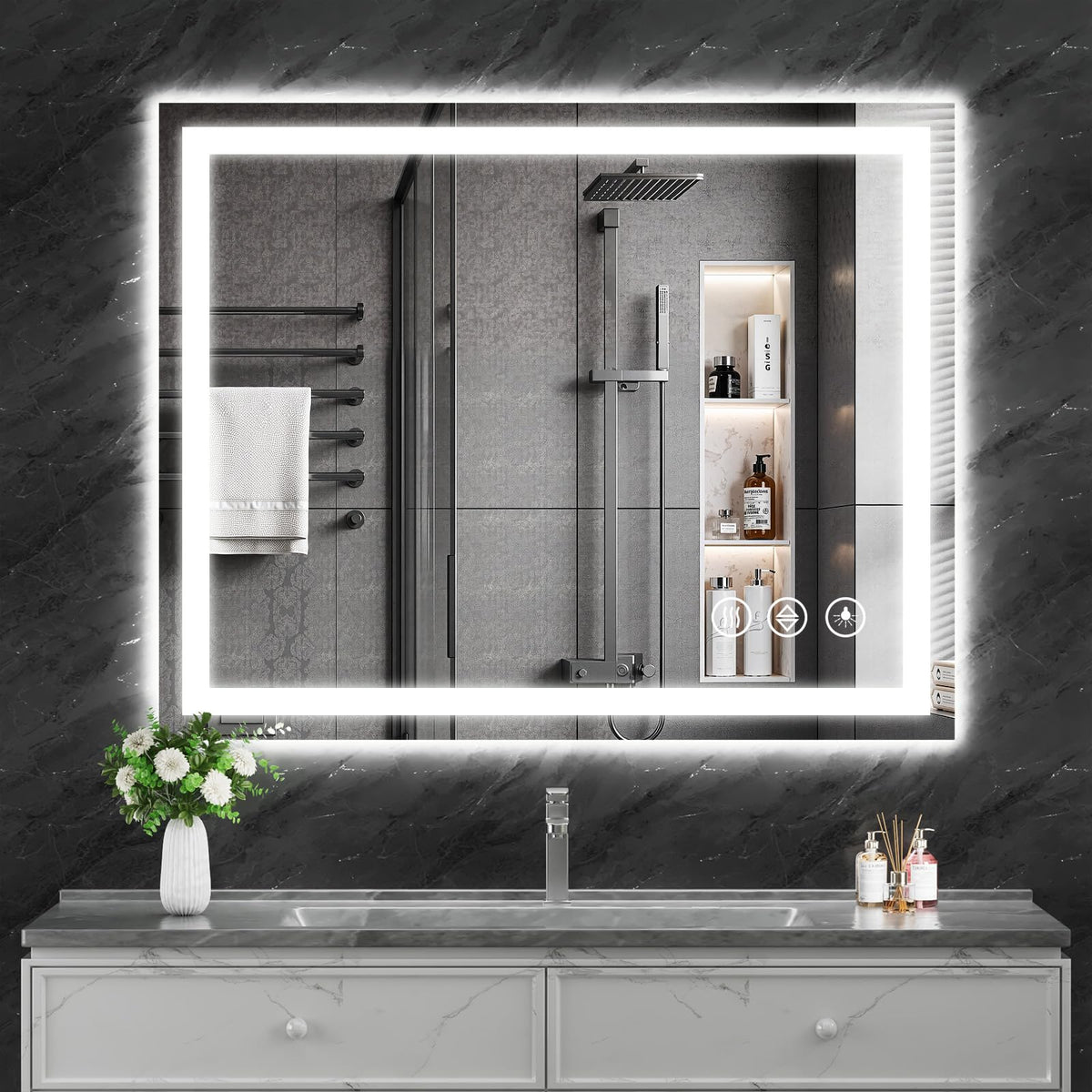 Koonmi front view LED mirror showing even illumination and modern style
