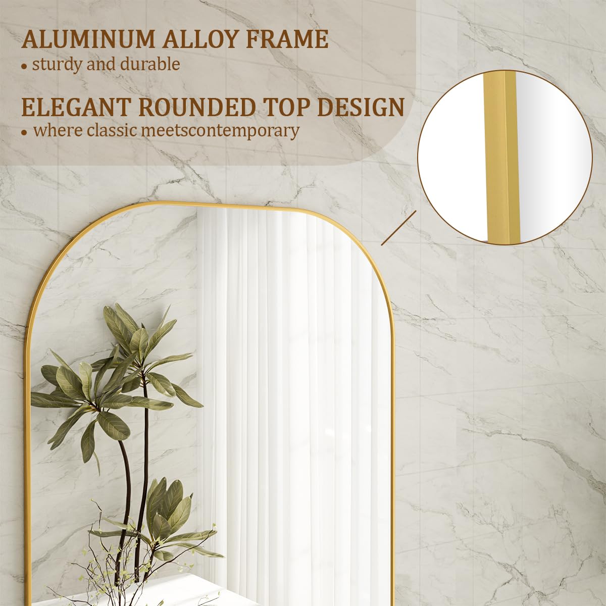 Koonmi mirror stand detail showing U-shaped bracket for stable freestanding use benefit