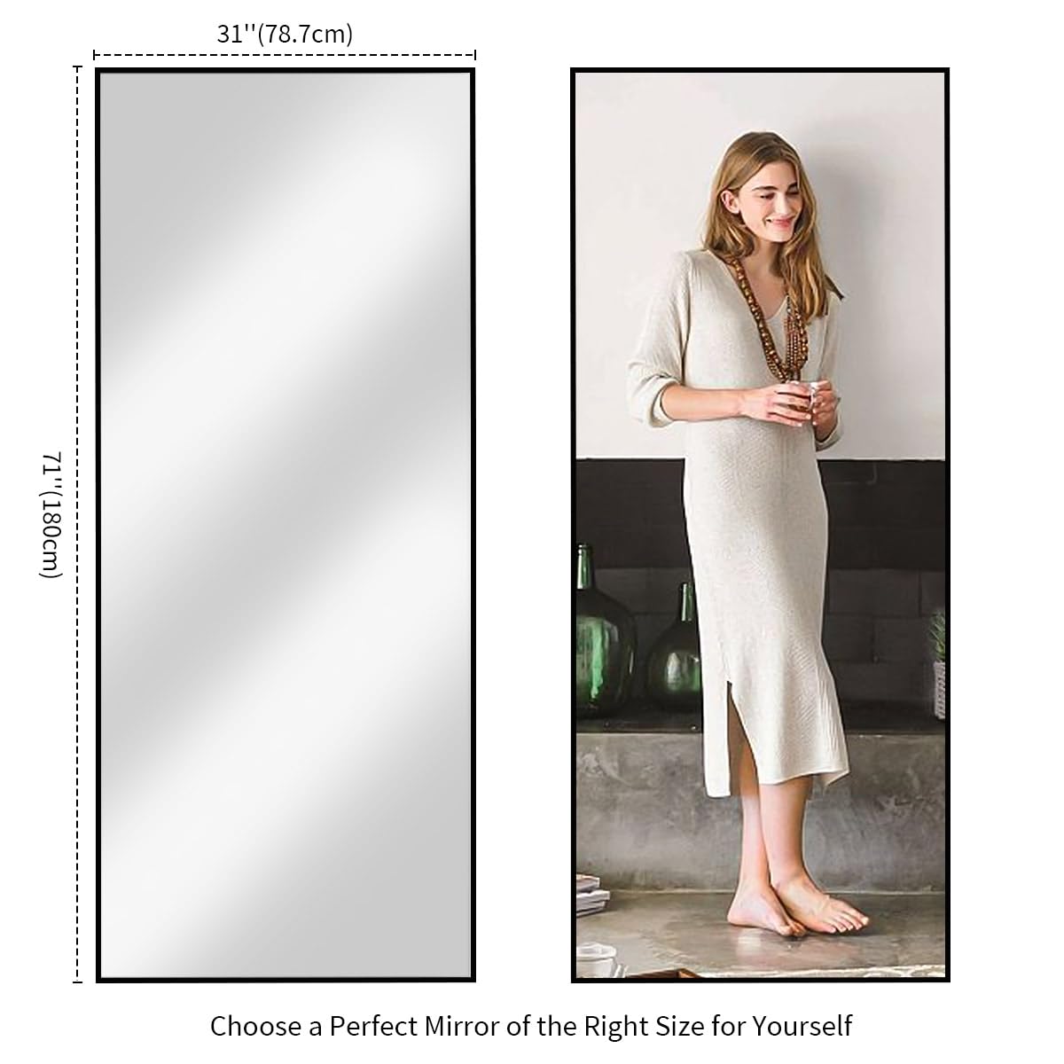 Koonmi mirror size comparison next to door showing scale benefit: full-length coverage