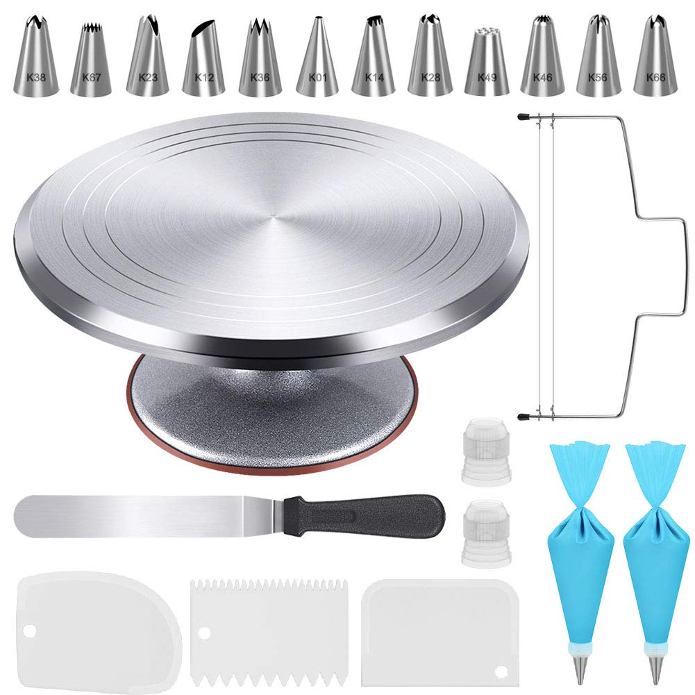 Kootek front view of aluminum turntable showing stable base and finish for steady decorating