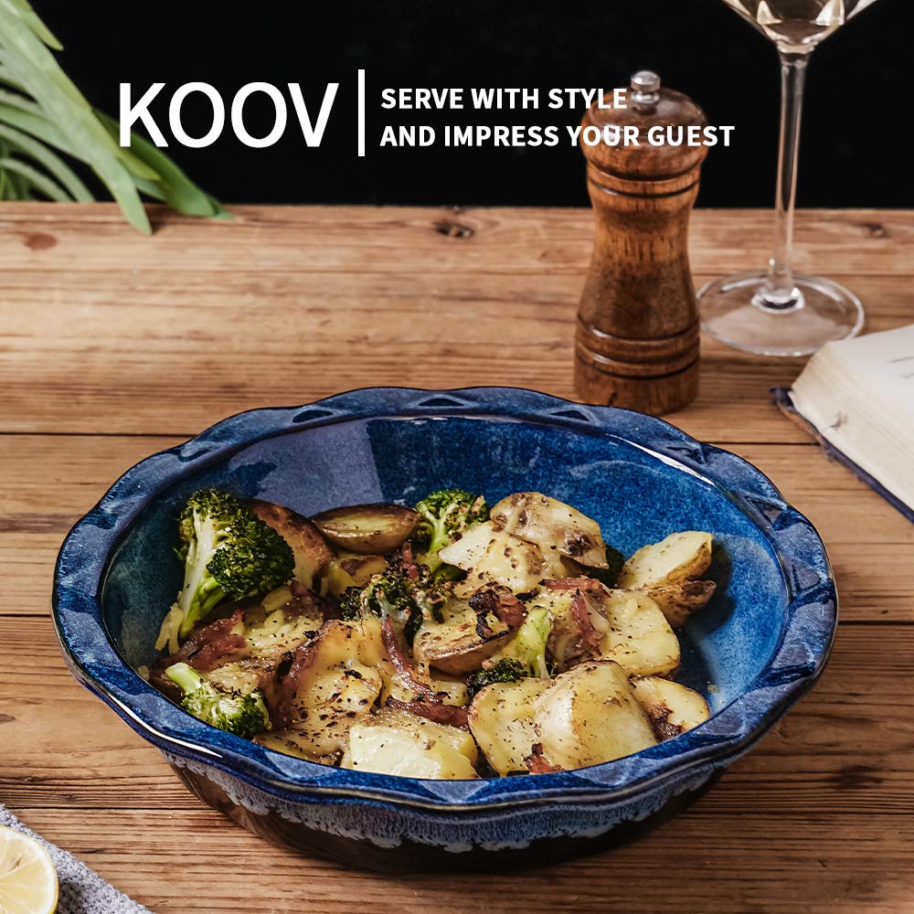 KOOV top-down empty pie dish highlighting capacity and even-baking benefit