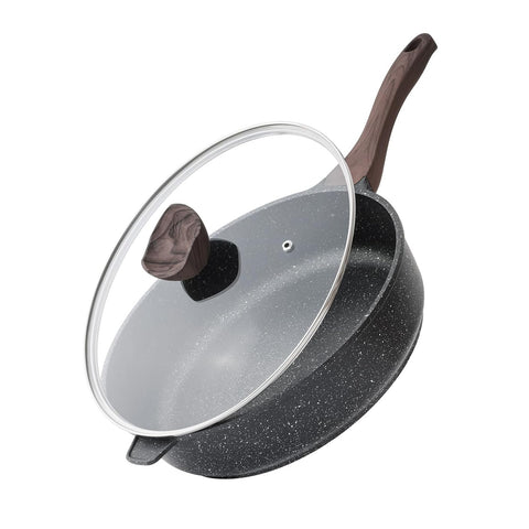 Kordisen deep frying pan front view showing generous 12-inch capacity and lid for versatile cooking