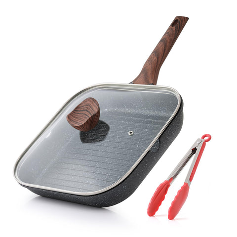 Kordisen grill pan front view showing square shape and lid for versatile cooking