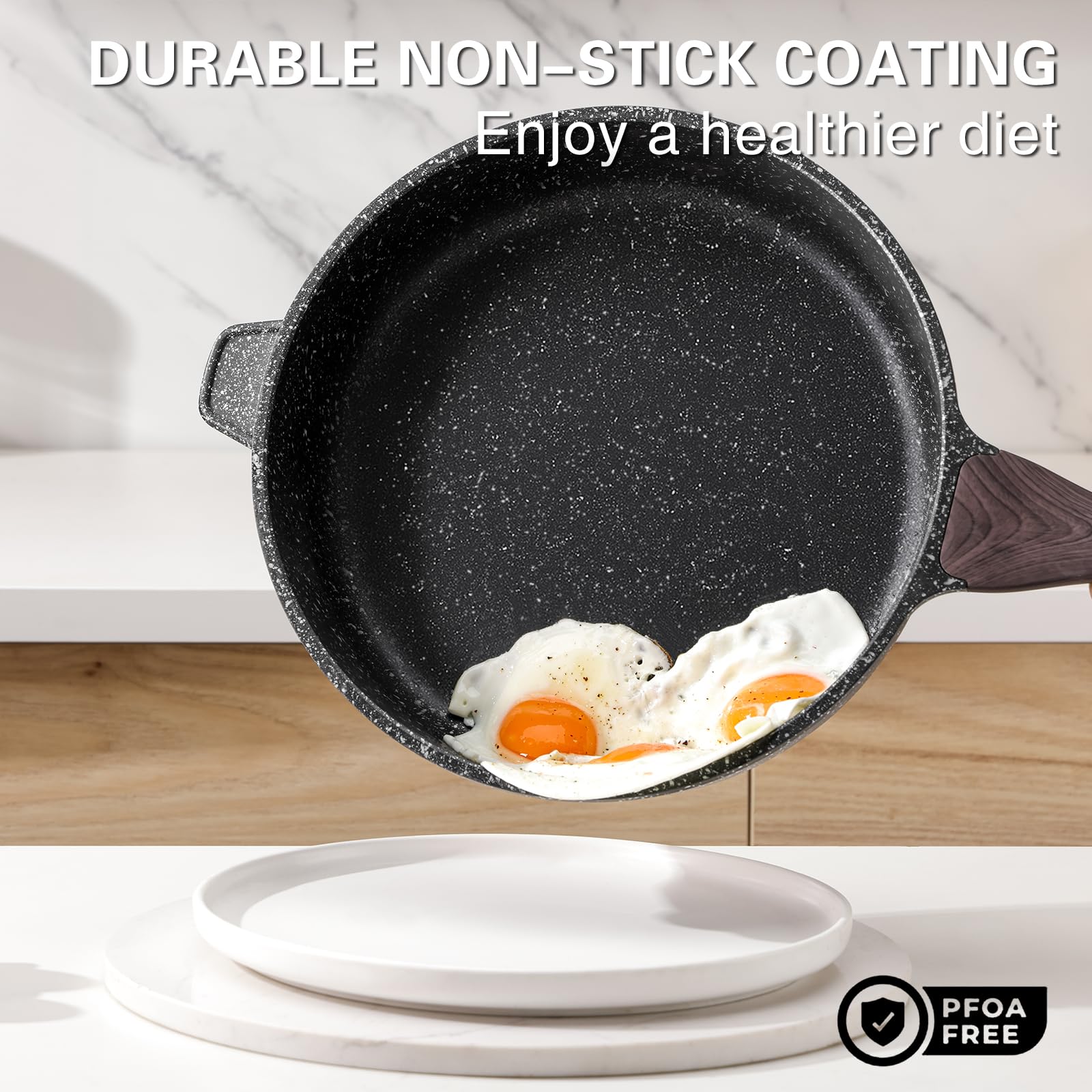 Kordisen nonstick texture close-up highlighting PFOA-free granite coating for easy release