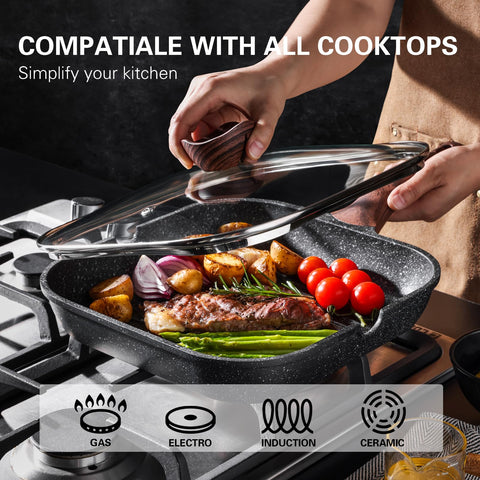 Kordisen grill pan on stovetop with lid demonstrating even heating and induction use