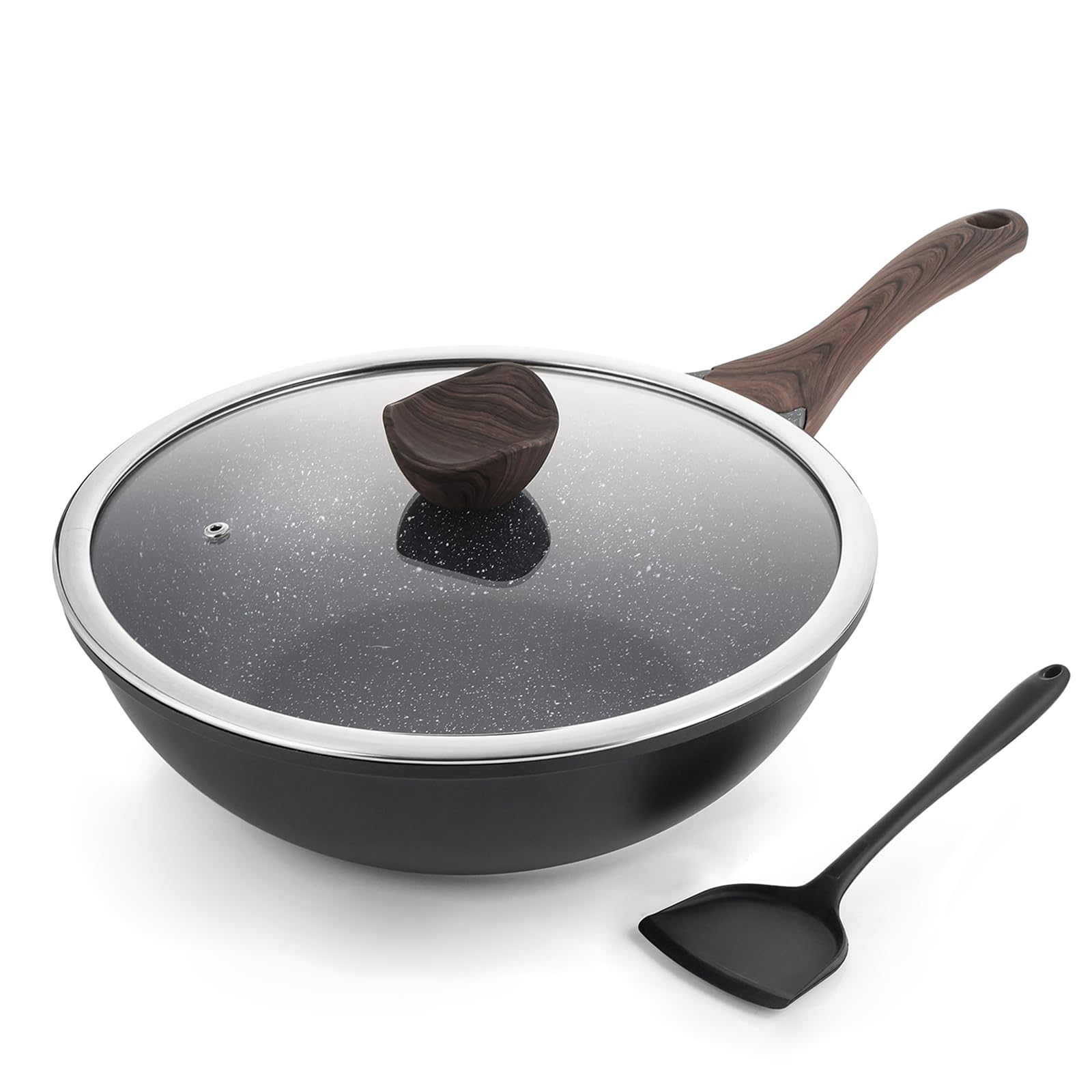 Kordisen wok front packaging showing pan and glass lid, highlights durability