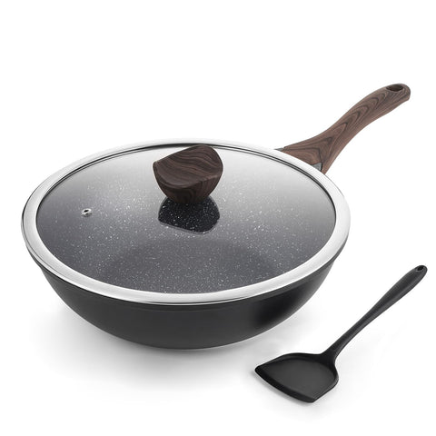Kordisen wok front packaging showing pan and glass lid, highlights durability