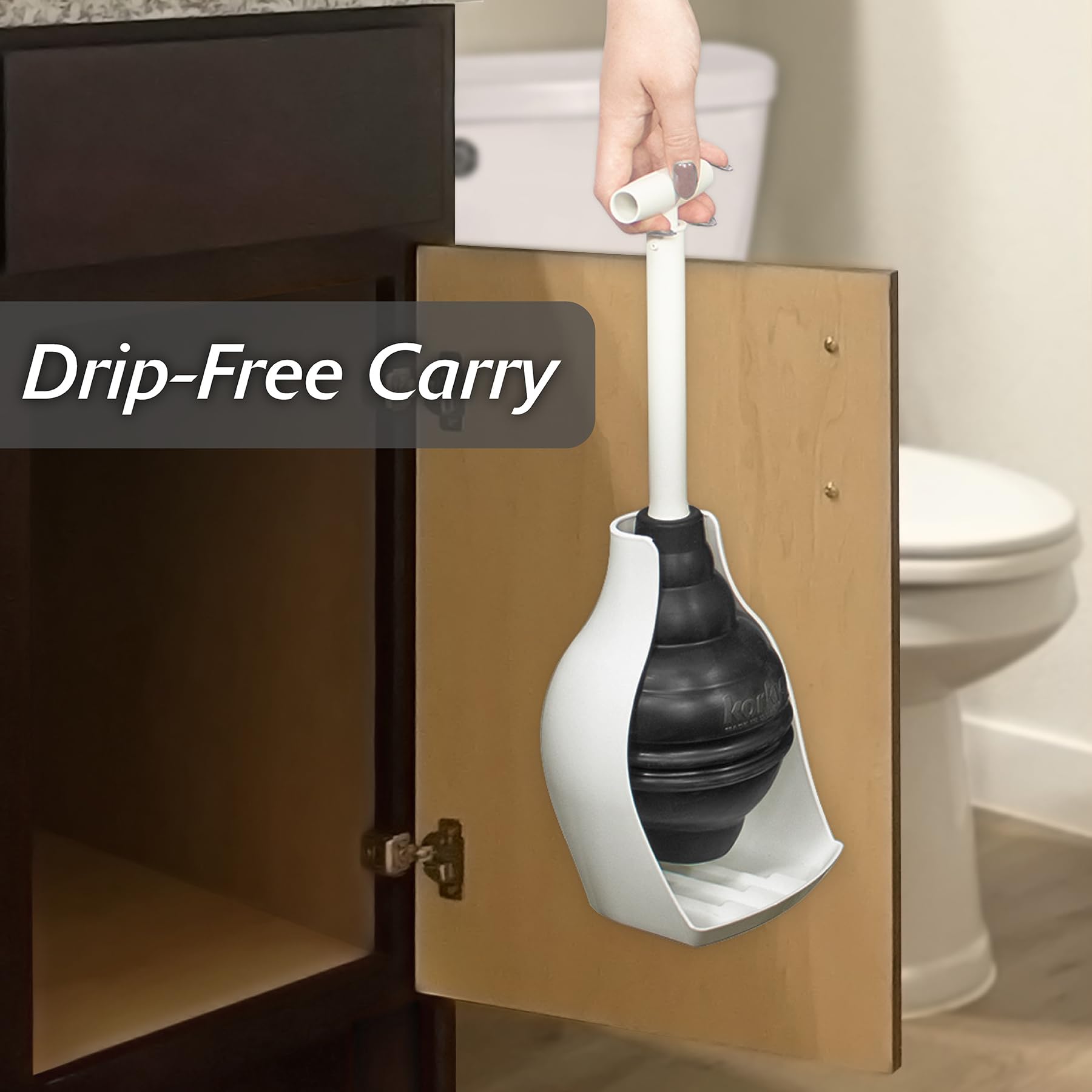 Korky beehivemax collapsed handle under sink illustrates space-saving storage