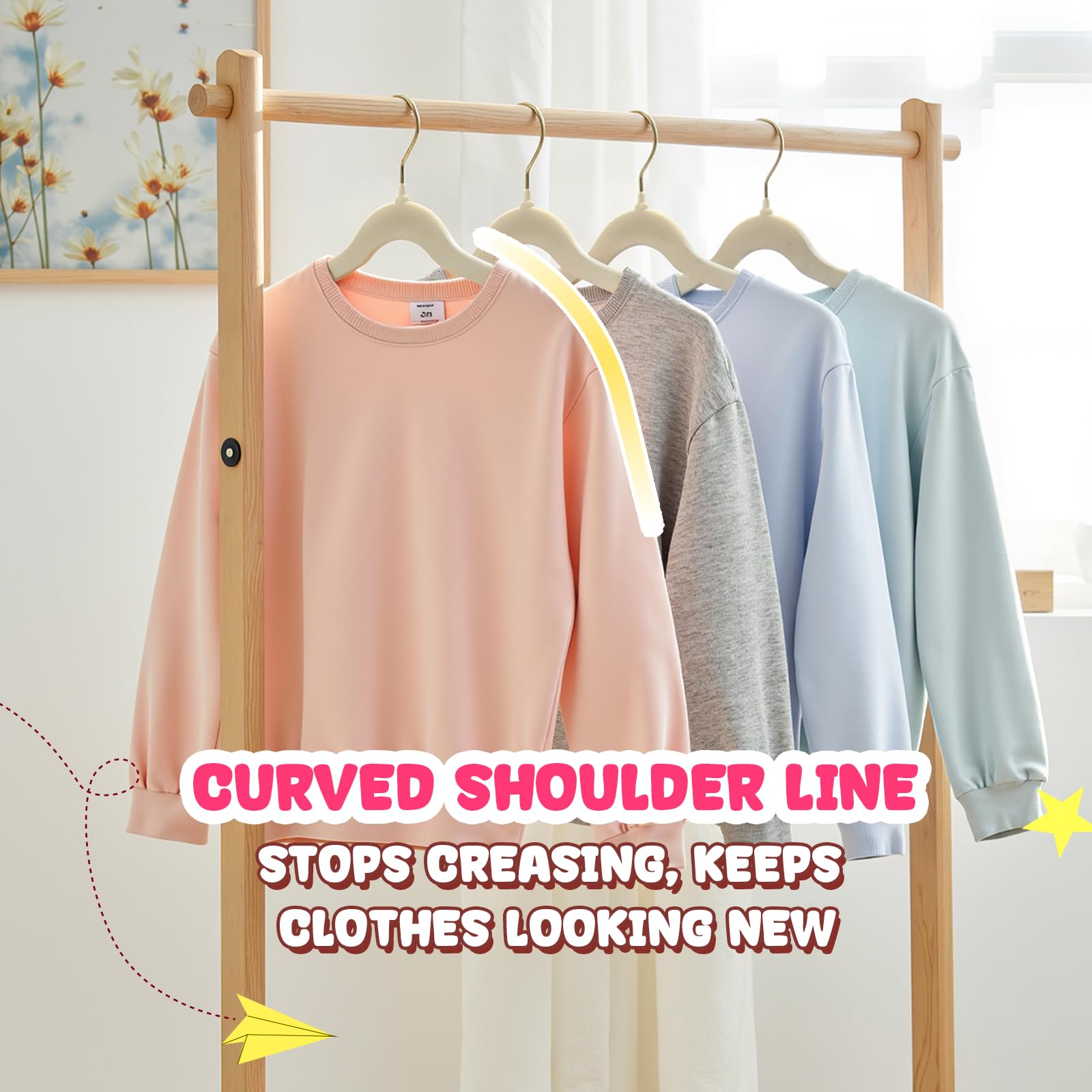 Korpai hangers loaded with baby clothes keeping outfits tidy and easy to find