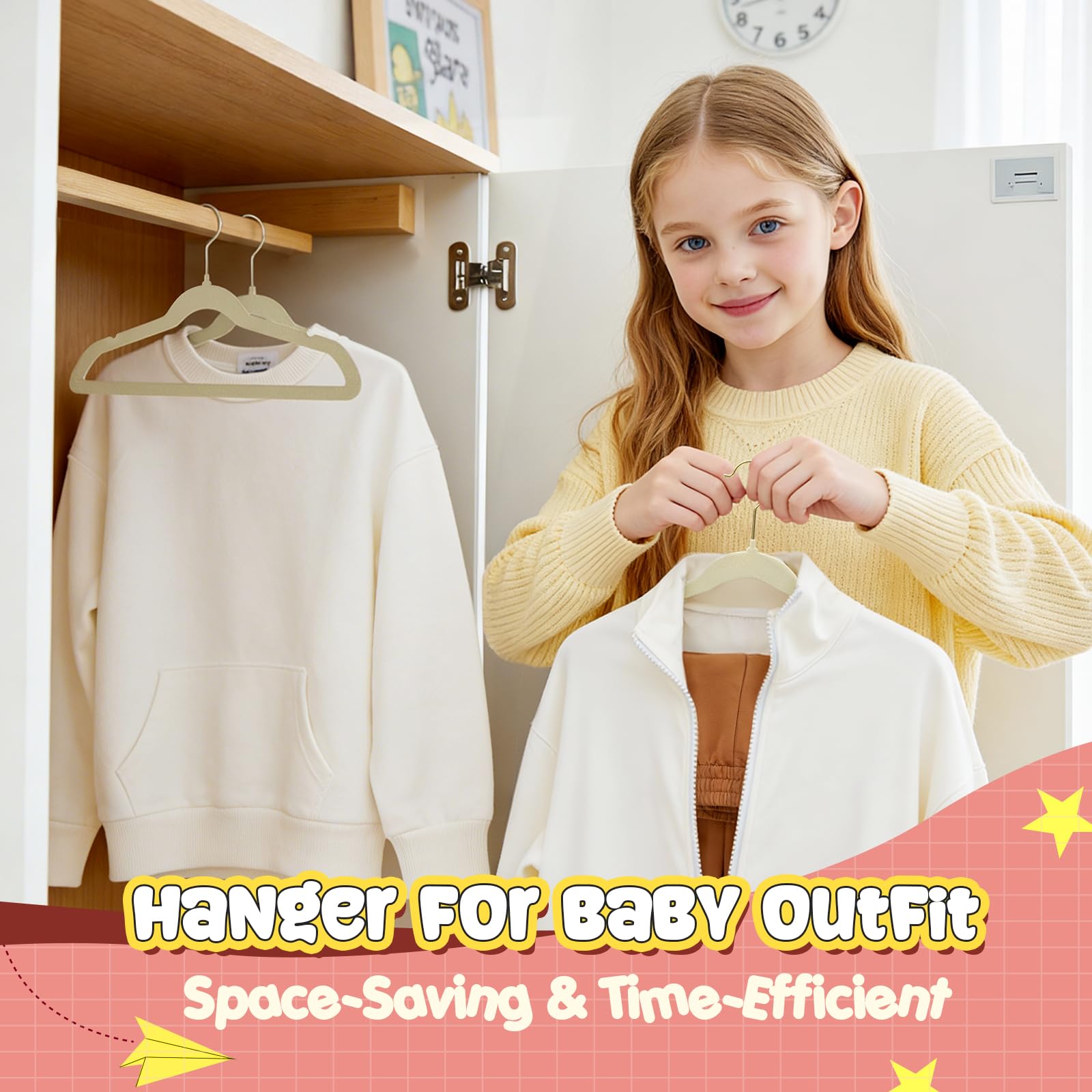 Korpai hangers arranged in a nursery closet creating a stylish, space-saving display